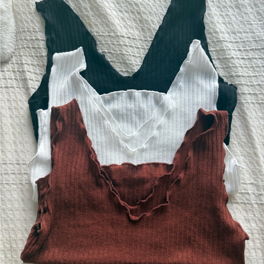SHEIN Green and White Ribbed Cut Out Tank Tops